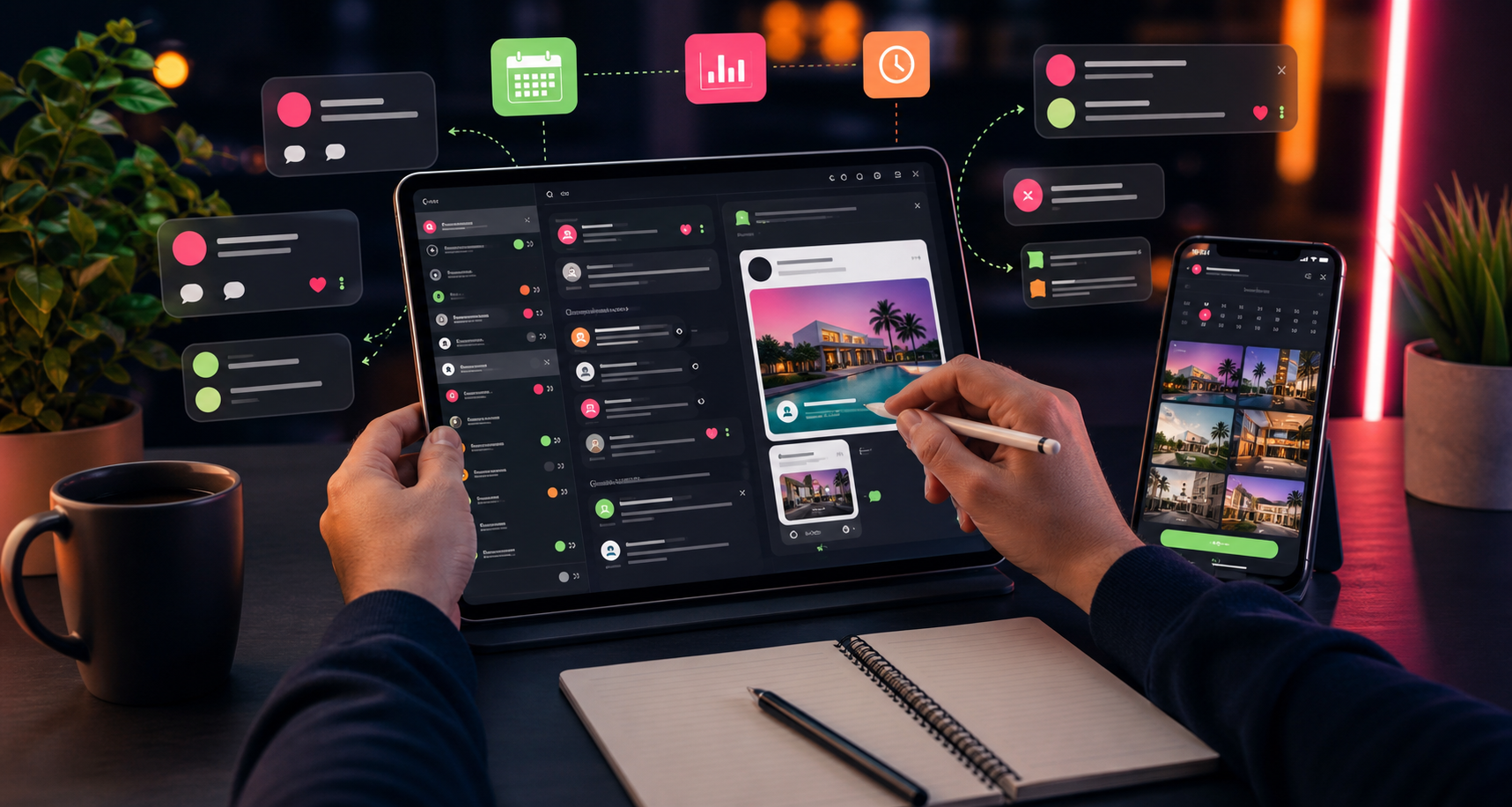 Tablet showing social inbox and post scheduling workflow